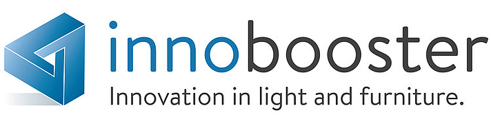 Logo: Innobooster mit Schriftzug Innobooster, Innovation in light and furniture 