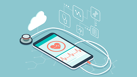 Darstellung: Stethoskop an ein Handy mit Apps angesteckt